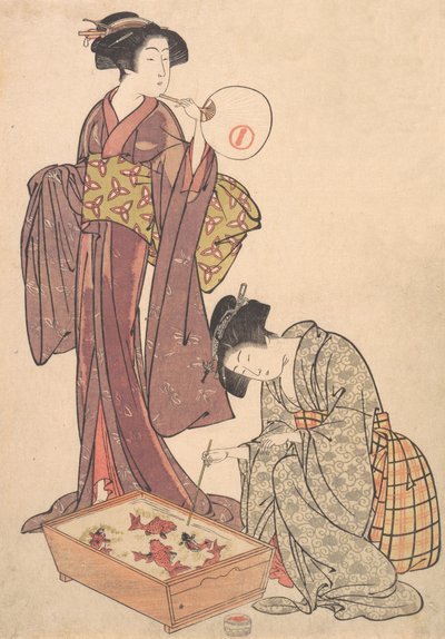 Duas mulheres alimentando peixes, 1739-1820. de Kitao Shigemasa