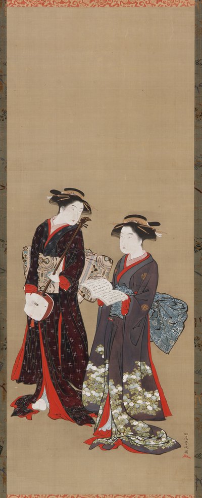 Duas raparigas de pé, uma com um livro aberto, 1615-1868. de Kitao Shigemasa