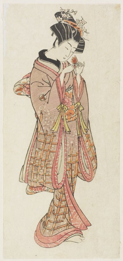 Mulher jovem, examinando, um, chão, cereja, tarde, 18º século, (color, woodblock, print) de Kitao Shigemasa