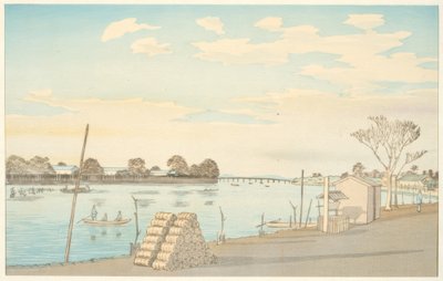 Ferry com vista para o Monte Fuji, o rio Okawa de Kiyochika Kobayashi