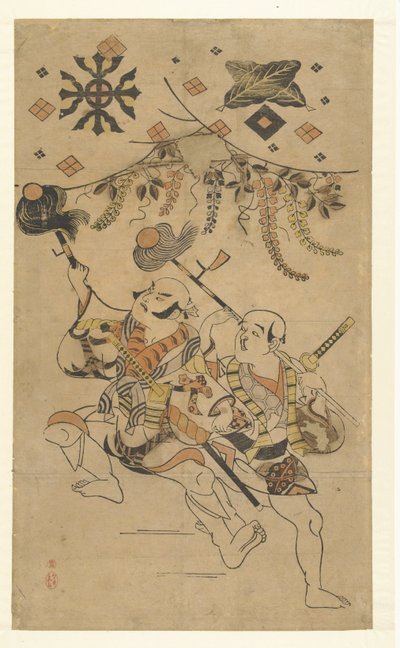 Atores Nakamura Denkuro I e Bando Matakuro, no papel de Yakko, realizando uma dança de lança de Kiyonobu (I) , Torii (attributed to)