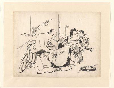 Performance erótica com utensílios para fumar e tela dobrável de Kiyonobu (I) , Torii