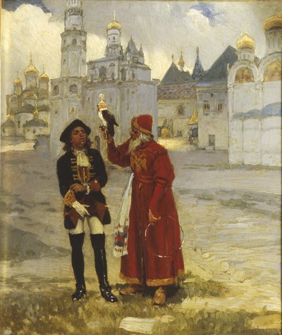 Young Peter I. e seu falcão, 1900 de Klavdi Vasilyevich Lebedev