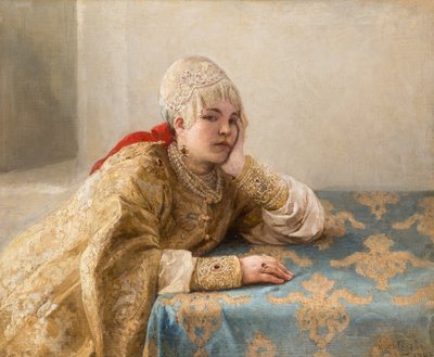 Fille de boyard (boiar) - A filha de Boyar, de Lebedev, Klavdi (Klavdy) (1852-1916). Óleo sobre tela de Klavdiy Vasilievich Lebedev