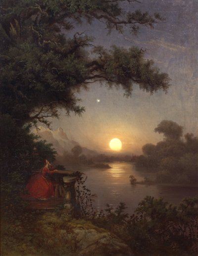 Mulher no terraço olhando para a lua de Knud Andreassen Baade