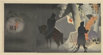 Desafiando o frio, as nossas tropas instalaram bivouac em Yingkou.
Eiko no genkan o okashite waga gun roei o haru no zu (título sobre o objecto) de Kobayashi Kiyochika