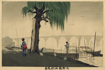 Vista distante de Ryōgoku a partir da ponte Motoyanagi de Kobayashi Kiyochika