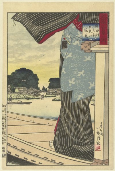 Vista de Matsuchiyama do rio Sumida Sumidagawa yori Matsuchiyama no enkei (título do objeto) Cem Vistas da Província de Musashi (título da série) Musashi hyakkei no uchi (título da série no objeto) de Kobayashi Kiyochika