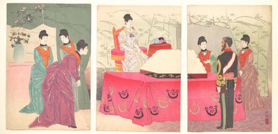 Ilustração da visita da imperatriz ao quartel-general do Estado-Maior [para apresentar um tabuleiro de ligaduras] (Sanbō honbu gyōkei no zu) de Kobayashi Kiyochika