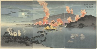 Ataque nocturno das nossas forças armadas no acampamento chinês em Pyongyang.
Wagagun Heijo no seiei o osou (título sobre o objecto) de Kobayashi Kiyochika