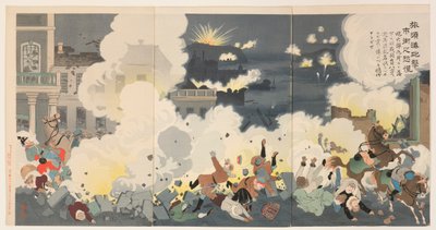 Pânico nas ruas da cidade durante o bombardeio de Port Arthur de Kobayashi Kiyochika