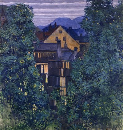 Visão geral de Payerbach, no fundo o Rax; Vista através de Payerbach, ao fundo o Rax, c.1912-1913 de Koloman Moser