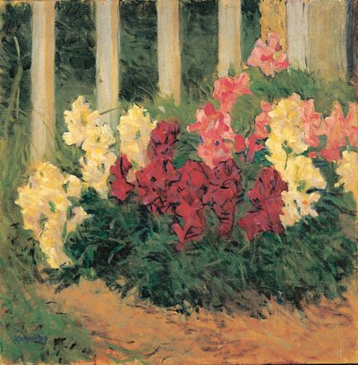 Blumenstrauch vor Gartenzaun - Flores em frente a uma cerca de jardim ... (óleo sobre tela) de Koloman Moser