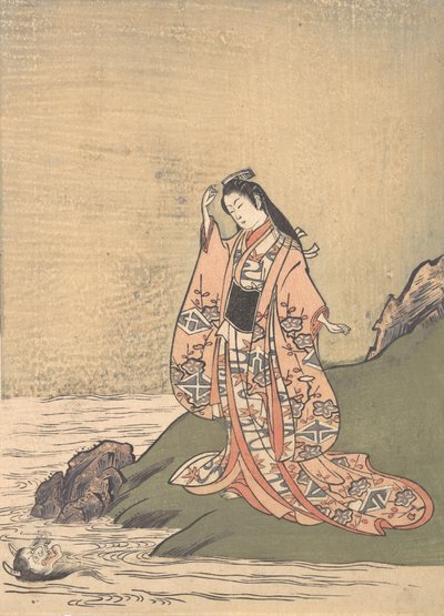 Uma garota à beira de um córrego vê a cabeça de um demônio na água, meados do final do século XVIII. de Komatsuken Shoshoken