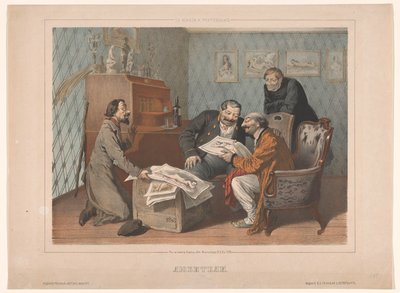 Revendedor de impressão oferece obras de arte a um colecionador de livros eróticos Interior com um vendedor de impressão mostrando seus produtos любители (amantes) (título no objeto) de Konstantin Aleksandrovich Trutovsky