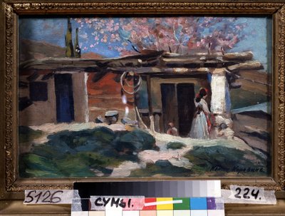Crimeia, amendoeiras em flor. (A Crimeia, amendoeiras floridas). Jovem em frente a uma pequena casa de madeira, sob amendoeiras cor de rosa. Pintura de Konstantin Alexeyevich Korovin (Constantin Korovin) (1861-1939), óleo sobre tela de Konstantin Alekseevich Korovin