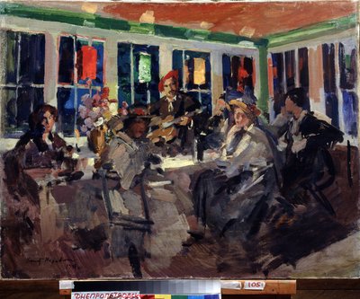 Num Café. Mulheres sentadas por uma janela da baía, iluminadas por lanternas coloridas, acompanhadas por um guitarrista. Pintura de Konstantin Alexeyevich Korovin (Constantin Korovine) (1861-1939), óleo sobre tela de Konstantin Alekseevich Korovin