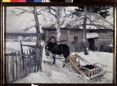 Inverno. Uma carruagem puxada a cavalo no pátio de uma casa de madeira, no campo, debaixo da neve. Pintura de Konstantin Alexeyevich Korovin (Constantin Korovine) (1861-1939), óleo sobre tela de Konstantin Alekseevich Korovin