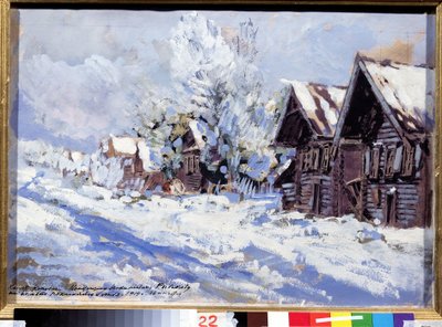 Inverno (inverno). Vista da rua de uma vila com casas de madeira, sob a neve. Obra de Konstantin Alexeyevich Korovin (1861-1939), guache sobre papelão de Konstantin Alekseevich Korovin