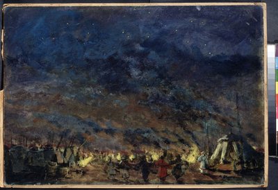 O Campo Polovtsian - Desenho de palco para o Príncipe Igor da Ópera por Alexander Borodin - Sob um céu estrelado, as tendas do campo emolduram o brilho dos fogos, no de Konstantin Alekseevich Korovin