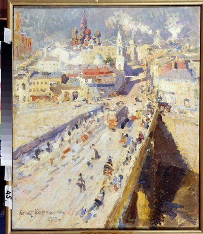 Moscou Velha (Moscovo Velha). Vista da ponte que dá acesso à cidade, com as fachadas dos prédios e os telhados das igrejas, sob um sol deslumbrante. Pintura de Konstantin Alexeyevich Korovin (Constantin Korovin) (1861-1939), óleo sobre tela de Konstantin Alekseevich Korovin