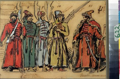 Projet de costume para a ópera Khovanchtchina ou les princeses Khovanski de Modeste Moussorgski (1839-1881) (Design de fantasia para a ópera Khovanshchina de M.Musorgsky). Oeuvre de Konstantin Alexeyevich Korovin (Constantin Korovine) (1861-1939), aquarell de Konstantin Alekseevich Korovin