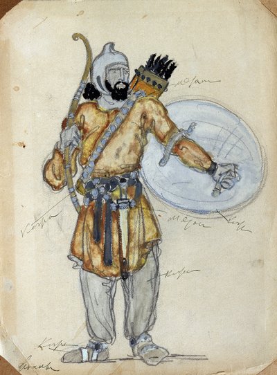 Desenho de figurino para o Príncipe Igor da ópera de Alexander Borodin (1833-1887). Trabalho de Konstantin Alexeyevich Korovin (Constantin Korovine) (1861-1939), aguarela e guache sobre papel de Konstantin Alekseevich Korovin