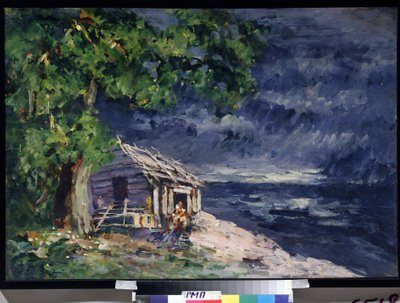 Projeto de design para o balé Le Poisson Dore de Ludwig (Leon) Minkus (cenário para o balé The Golden Fish de Ludwig Minkus) - Uma cabana de madeira à beira-mar - Obra de Konstantin Alexeyevich Korovin (Constantin Korovine) (1861) -1939) , têmpora de Konstantin Alekseevich Korovin