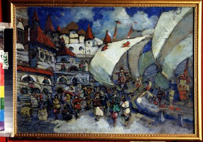 Projecto de palco para a Ópera Sadko de N. Rimsky Korsakov (Rimsky-Korsakov) (1844-1908). Descrição de uma cidade e edifícios de madeira construídos sobre um cais animado ou de Konstantin Alekseevich Korovin