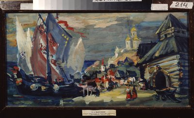 Projecto de palco para a ópera Sadko de N. Rimsky-Korsakov (Rimsky Korsakov) (1844-1908). Um grande veleiro no cais de uma cidade com edifícios de madeira. Na parte de trás do navio está um de Konstantin Alekseevich Korovin