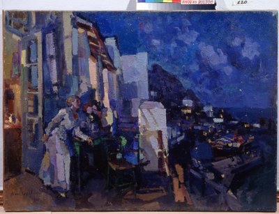 Tarde na Varanda. Uma mulher aproveita o panorama da cidade que se estende noite adentro em frente ao seu terraço. Pintura de Konstantin Alexeyevich Korovin (Constantin Korovin) (1861-1939), óleo sobre tela de Konstantin Alekseevich Korovin