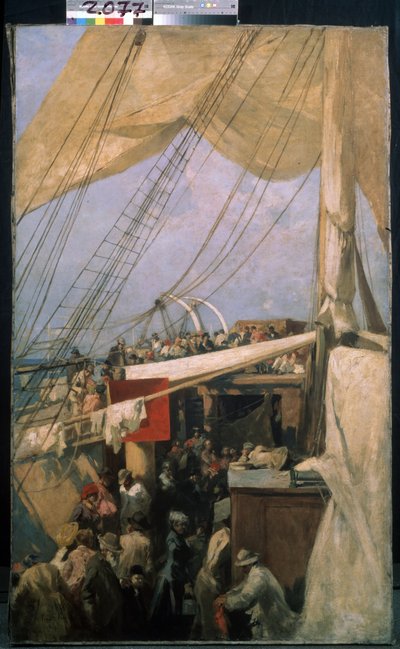 No convés. Descrição da multidão de passageiros no convés de um navio. Pintura de Konstantin Alexeyevich Korovin (Constantin Korovine) (1861-1939), óleo sobre tela, ca. 1880. Arte russa do final do século XIX. Galeria Estadual Tretyakov, Moscovo. de Konstantin Alekseevich Korovin