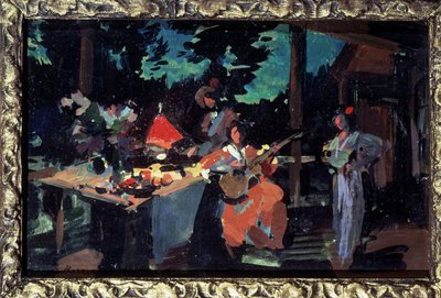 Terraço, noite na casa de campo. (Terraço. Noite na casa de campo). Mesa posta com comida, uma mulher toca violão e outros dois personagens a cercam. Obra de Konstantin Alexeyevich Korovin (Constantin Korovin) (1 de Konstantin Alekseevich Korovin