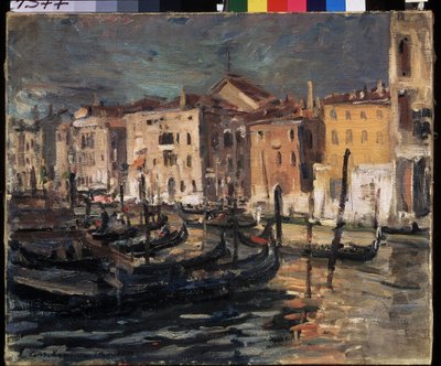 Veneza (Itália) (Veneza). O Grande Canal na lagoa de Veneza, com os cais, gôndolas e edifícios iluminados pela luz forte do sol. Pintura de Konstantin Alexeyevich Korovin (Constantin Korovin) (1861-1939), óleo sobre tela de Konstantin Alekseevich Korovin