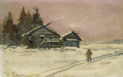 Paisagem de inverno com duas cabanas de madeira (bodycolour e óleo a bordo, montado como um desenho) de Konstantin Alekseevich Korovin