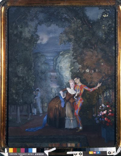Arlequim e uma Dama, 1912 (wc e guache sobre papelão) de Konstantin Andreevic Somov