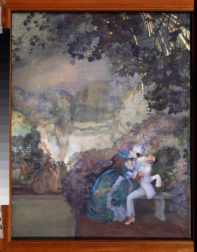 Pierrot e uma mulher (Flirting at a masked ball). Trabalho de Konstantin (Constantin) Andreyevich Somov (1869-1939), guache sobre papel de Konstantin Andreevic Somov