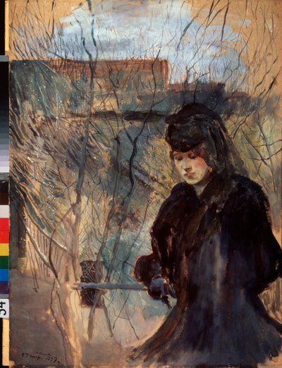 Printemps (Primavera) (Uma mulher vestida de preto, melancólica e olhando para baixo, apoiada em uma barreira fina) - Obra de Konstantin (Constantin) Andreyevich Somov (1869-1939), aquarela e guache sobre papelão de Konstantin Andreevic Somov