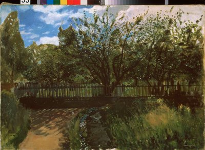 Um pequeno jardim. Pintura de Konstantin (Constantin) Andreyevich Somov (1869-1939), óleo sobre tela de Konstantin Andreevic Somov