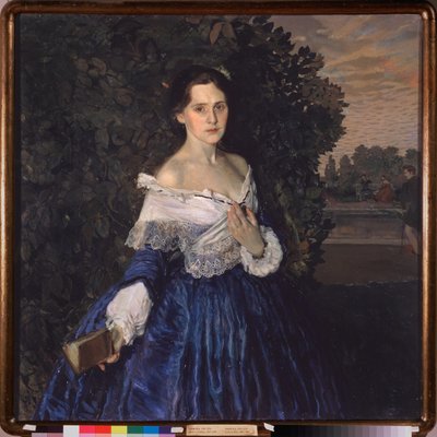Uma Mulher de Azul (Retrato de Yelisaveta Martynova). Pintura de Konstantin (Constantin) Andreyevich Somov (1869-1939), óleo sobre tela de Konstantin Andreevic Somov