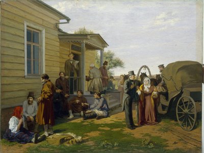 Justiça da paz. Edifício do tribunal de justiça no campo russo, os camponeses esperam enquanto conversam, os advogados estão ocupados. Pintura de Konstantin Apollonovich Savitsky (1844-1905), óleo sobre tela. Arte russa do século XIX. Regis de Konstantin Apollonovich Savitsky