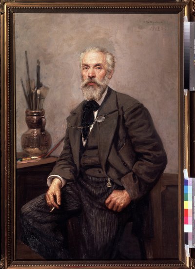 Retrato do artista Konstantin Savitsky (1844-1905) (Retrato do Artista K. Savitsky). Pintura de Nikolai Karlovich Grandkovsky (1864-1907), óleo sobre tela de Konstantin Apollonovich Savitsky