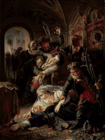 Assassinos contratados a matar o Filho de Tzar Boris Fyodorevich Godunov de Konstantin Egorovich Makovsky