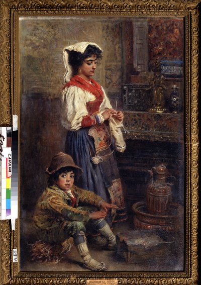 Os modelos à espera do artista. Pintura de Konstantin Yegorovich Makovsky (Constantin Makovsky) (1839-1915), óleo sobre tela de Konstantin Egorovich Makovsky