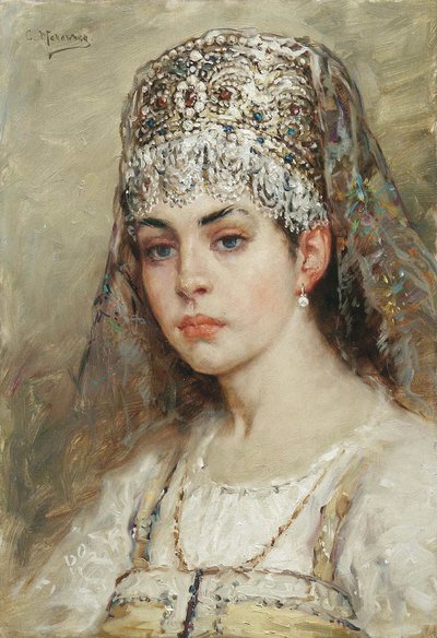 Retrato de uma mulher boyar (boiard, boiar): está vestida com um vestido Sarafan e tem uma kokochnik na cabeça, um penteado tradicional - Pintura de Konstantin Yegorovich Makovsky (Constantin Makovski) (1839-1915) de Konstantin Egorovich Makovsky