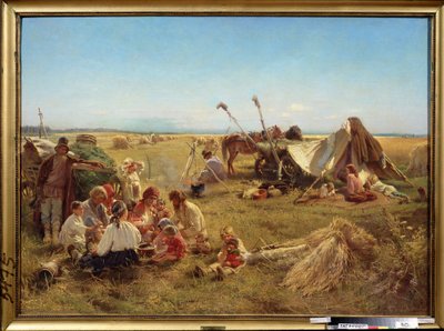 Uma refeição camponesa na altura da colheita. Pintura de Konstantin Yegorovich Makovsky (Constantin Makovski) (1839-1915), óleo sobre tela de Konstantin Egorovich Makovsky