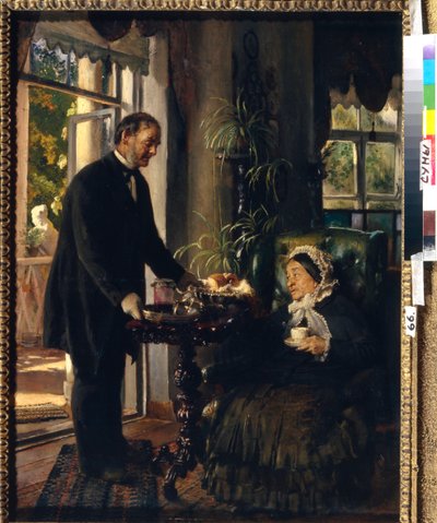 Uma casa senhorial chatelaine (Uma velha senhora está a tomar chá, servido por uma criada que a apresenta com pão e geleia). Pintura de Konstantin Yegorovich Makovsky (Constantin Makovski) (1839-1915), óleo sobre tela de Konstantin Egorovich Makovsky