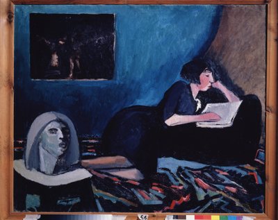 Uma mulher lendo (Uma mulher lendo). Pintura de Konstantin Nikolayevich Istomin (1887-1942), óleo sobre tela 1931 arte moderna russa, século XX. Galeria Estatal Tretyakov, Moscou. de Konstantin Istomin