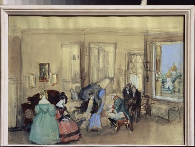 Une scene de la peça de teatro "Le Revizor" de Nicolas Gogol (1809-1852) (Uma cena da peça de teatro The Reviser de N. Gogol) - Oeuvre de Konstantin Ivanovich Rudakov (Constantin Roudakov) (1891-1949), aquarelle et gouache sur papier - Arte cenográfica de Konstantin Ivanovich Rudakov