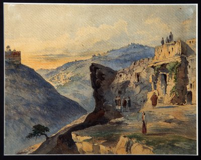 O Vale de Josaphat, o Monte das Oliveiras, Aldeia de Siloam. Descrição de lugares perto de Jerusalém (Israel), mencionados na Bíblia. O Vale de Jehoshaphat é uma porção do Vale de Cedro de Konstantin Karlovich Gerz